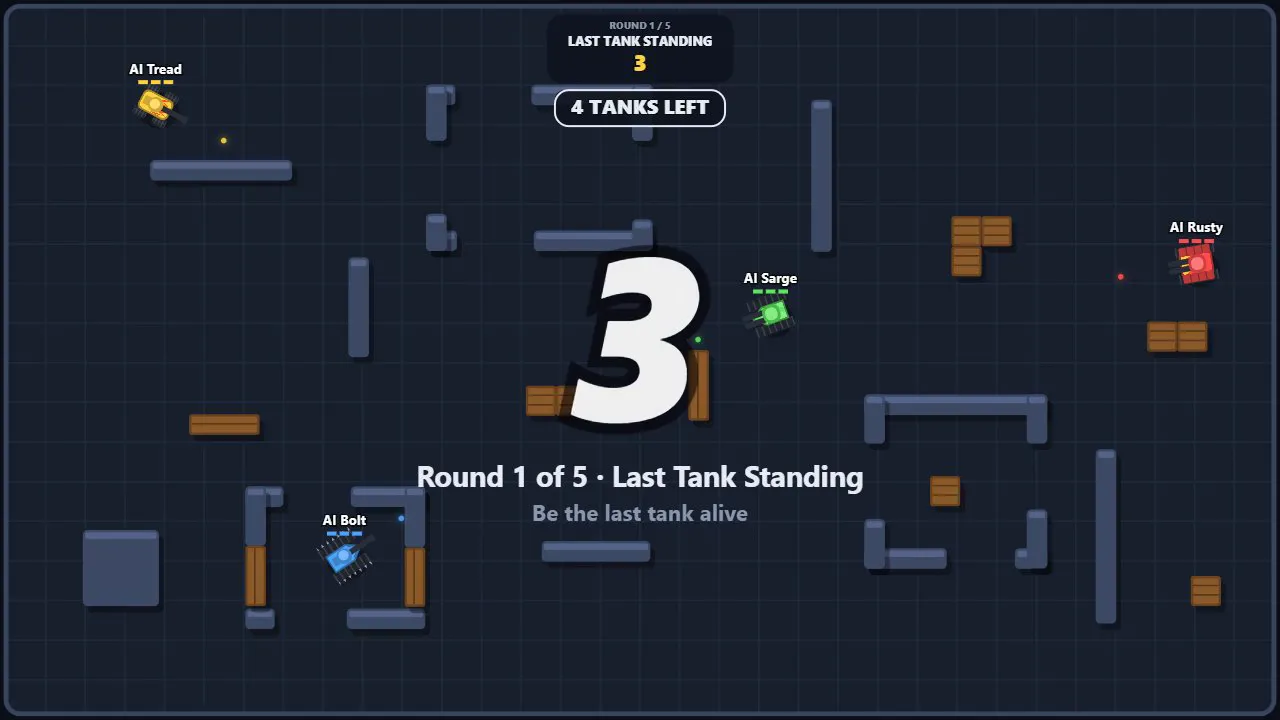 Round 1 countdown: four tanks spread across a walled arena