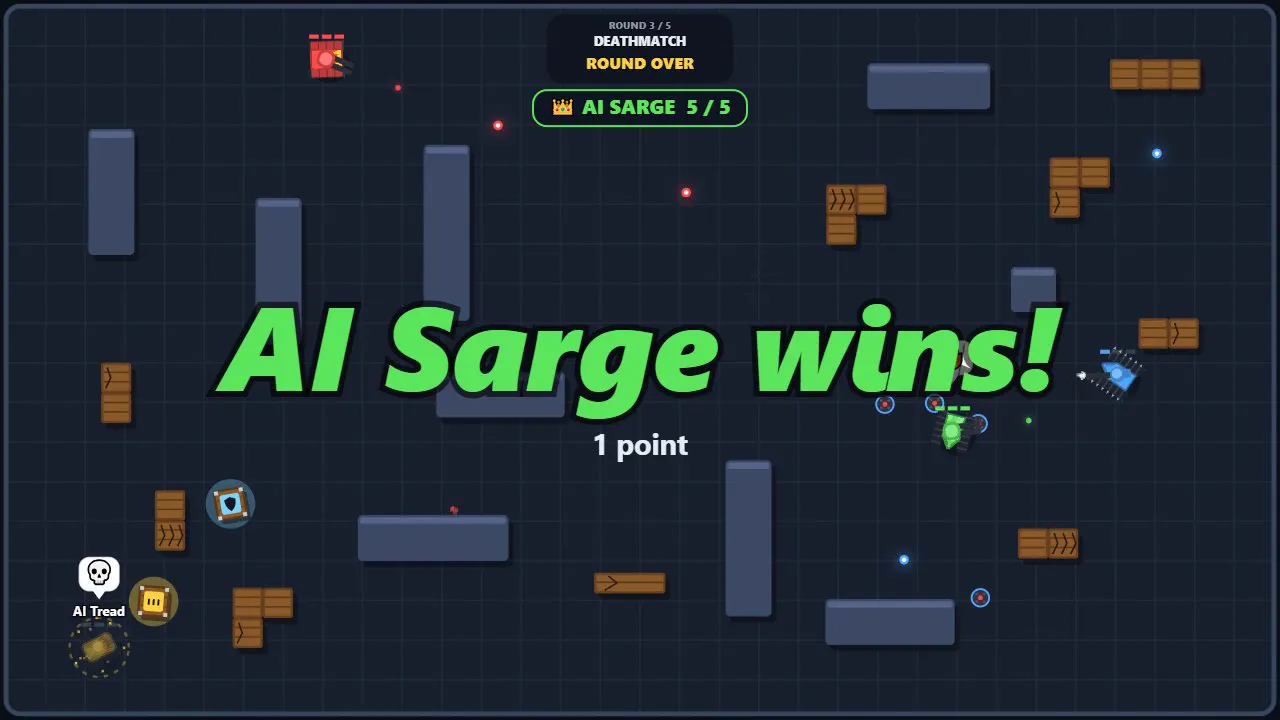 A big green 'AI Sarge wins!' banner over the Deathmatch arena