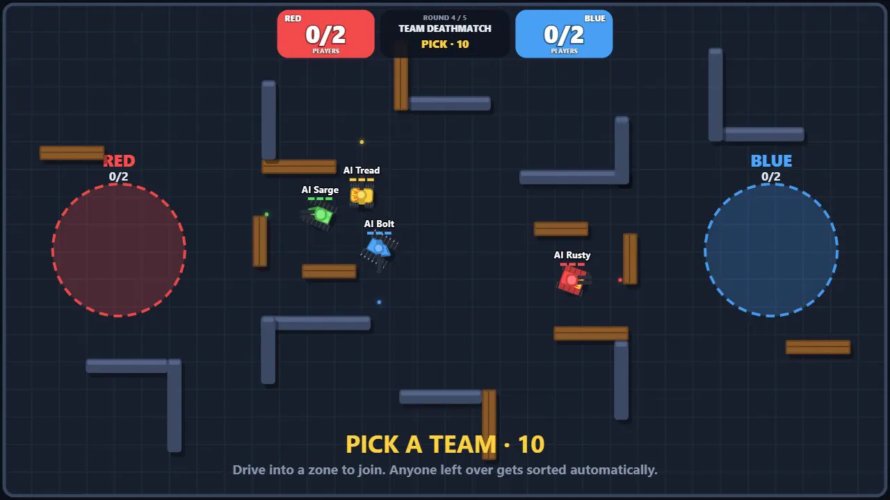 Tanks driving into red and blue team zones to pick a side