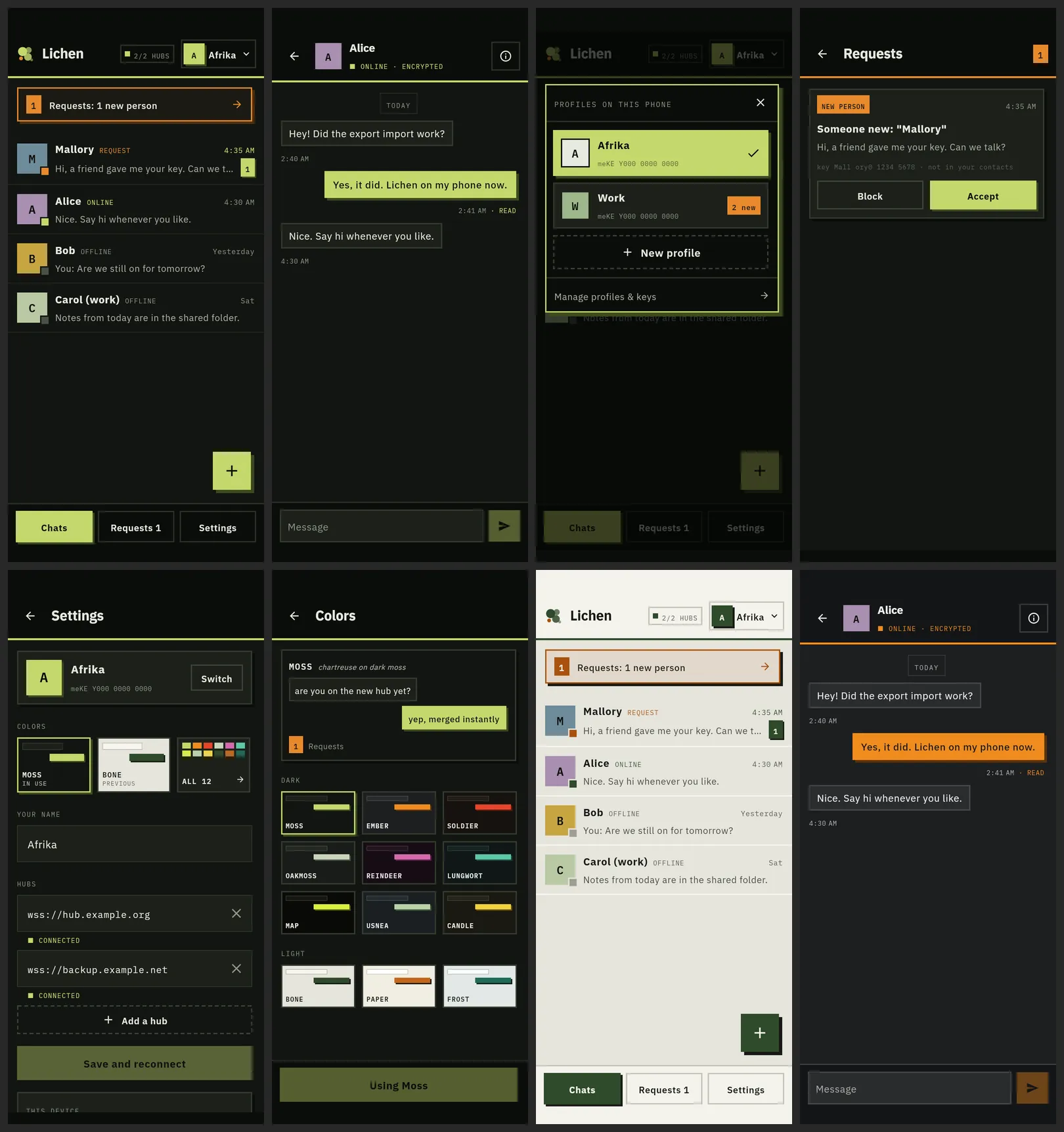 Lichen app screens: chat list, conversation, profiles, requests, settings and color themes