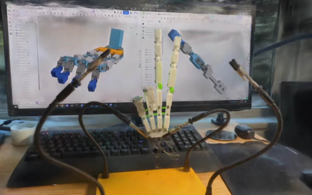 The 3D-printed prosthetic hand on its wire stand, in front of a monitor showing its CAD model
