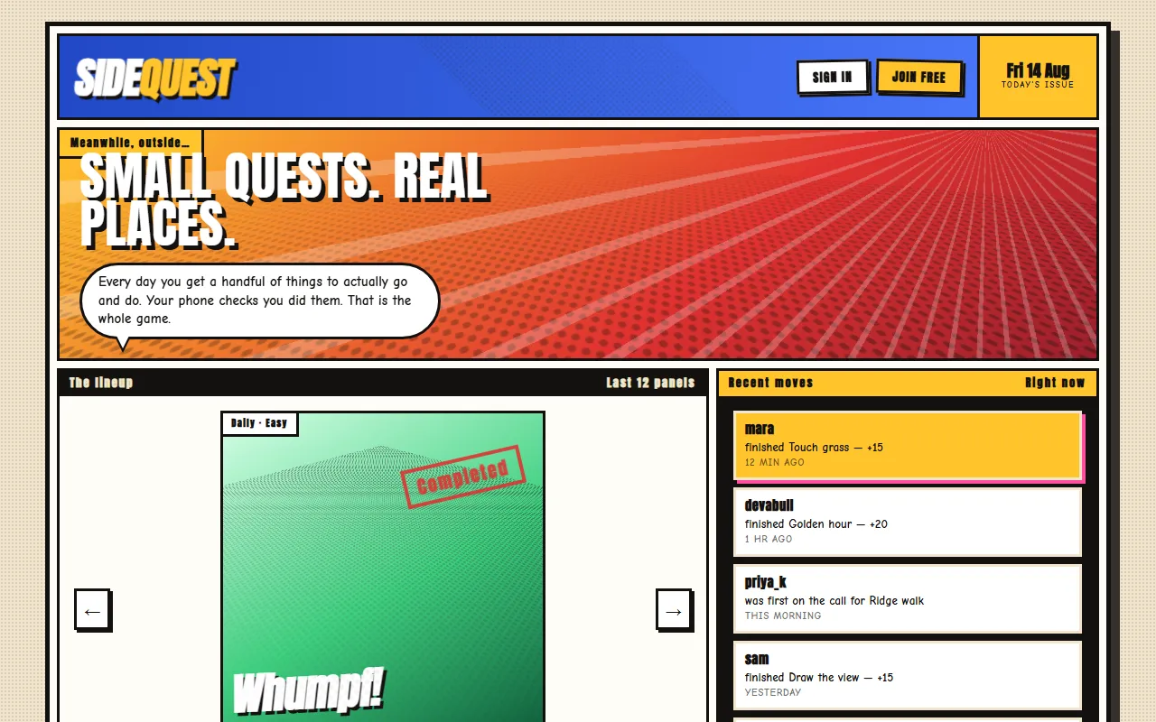 SideQuest splash page design: comic-style 'Small quests. Real places.' banner